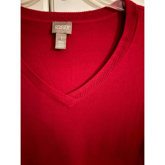 Chico's Sweaters - Chicos Red V-Neck Sweater Cashmere Blend Herringbone Trim 3/4 Sleeve Size 1 M